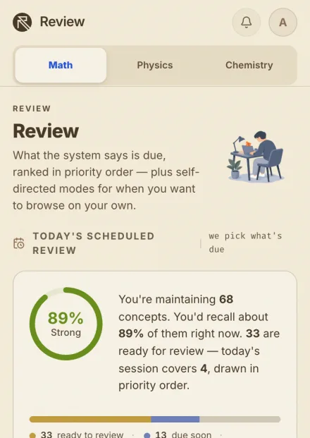Review: 79% holding, 42 ready, Start review · 4 concepts